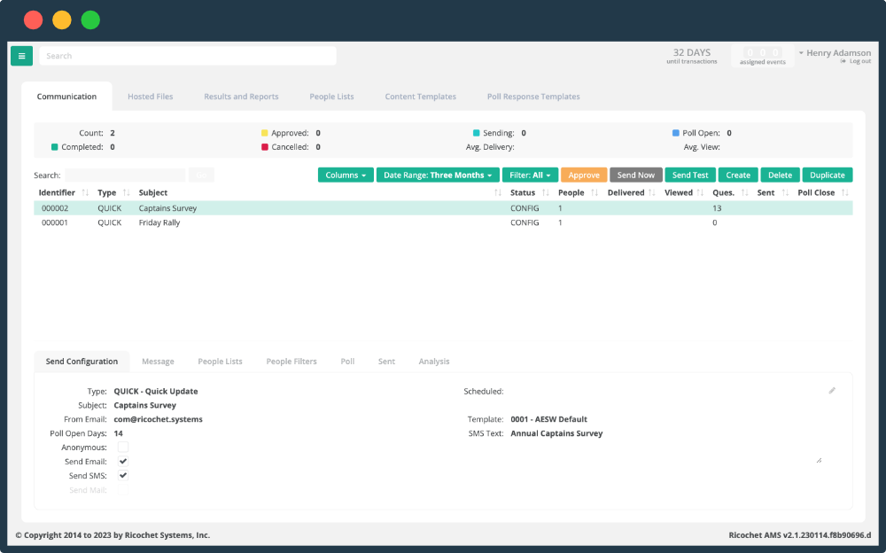 Screenshot of the Ricochet AMS communication management page