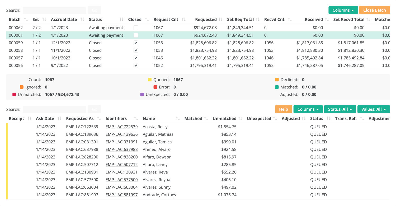 payment processing allows batch requesting from the employer or credit card