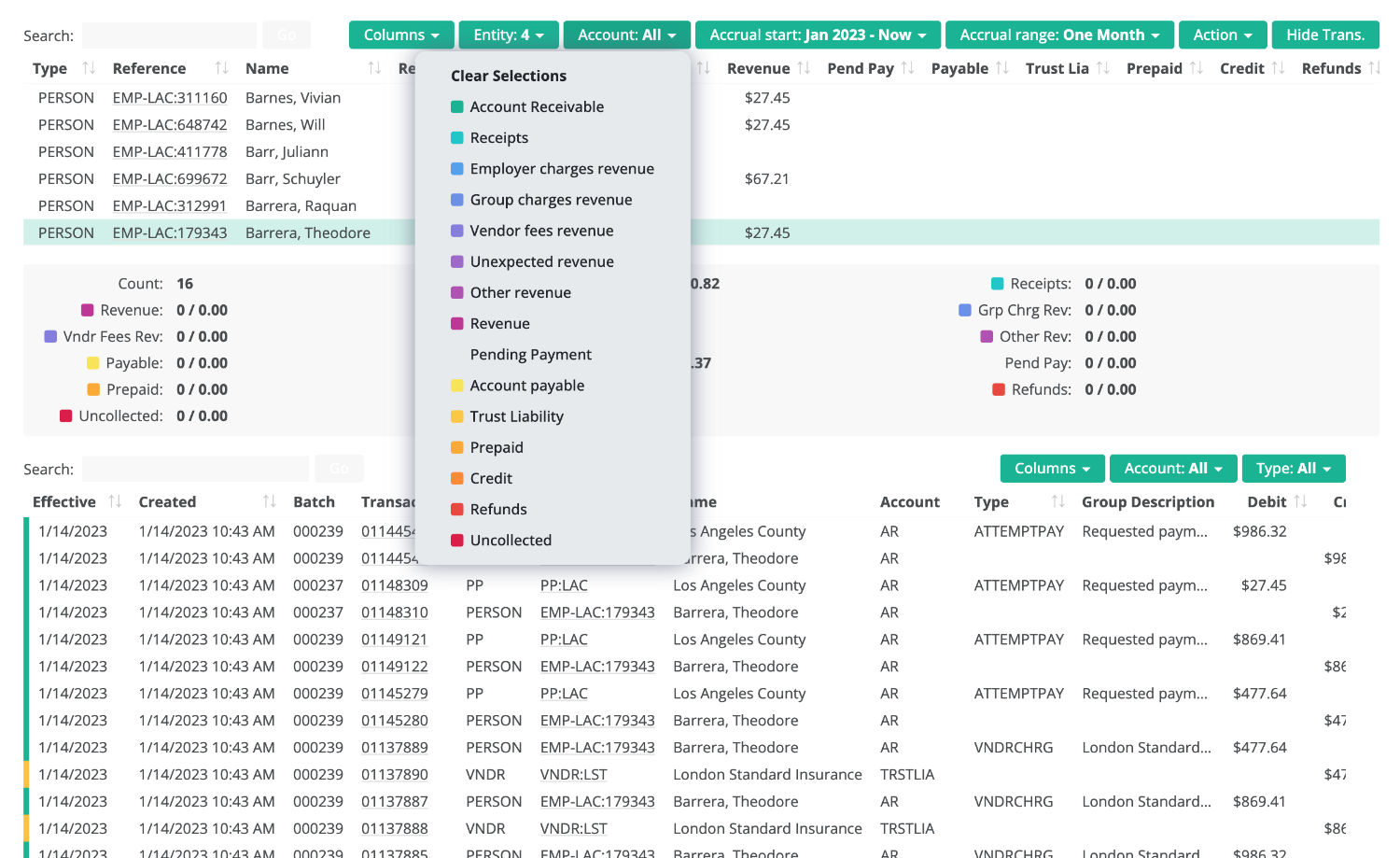 all financial transactions are visible and summarized