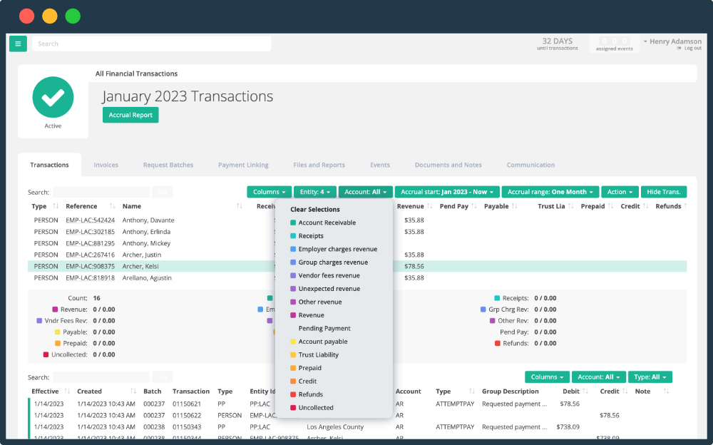 Screenshot of the Ricochet AMS financial management page