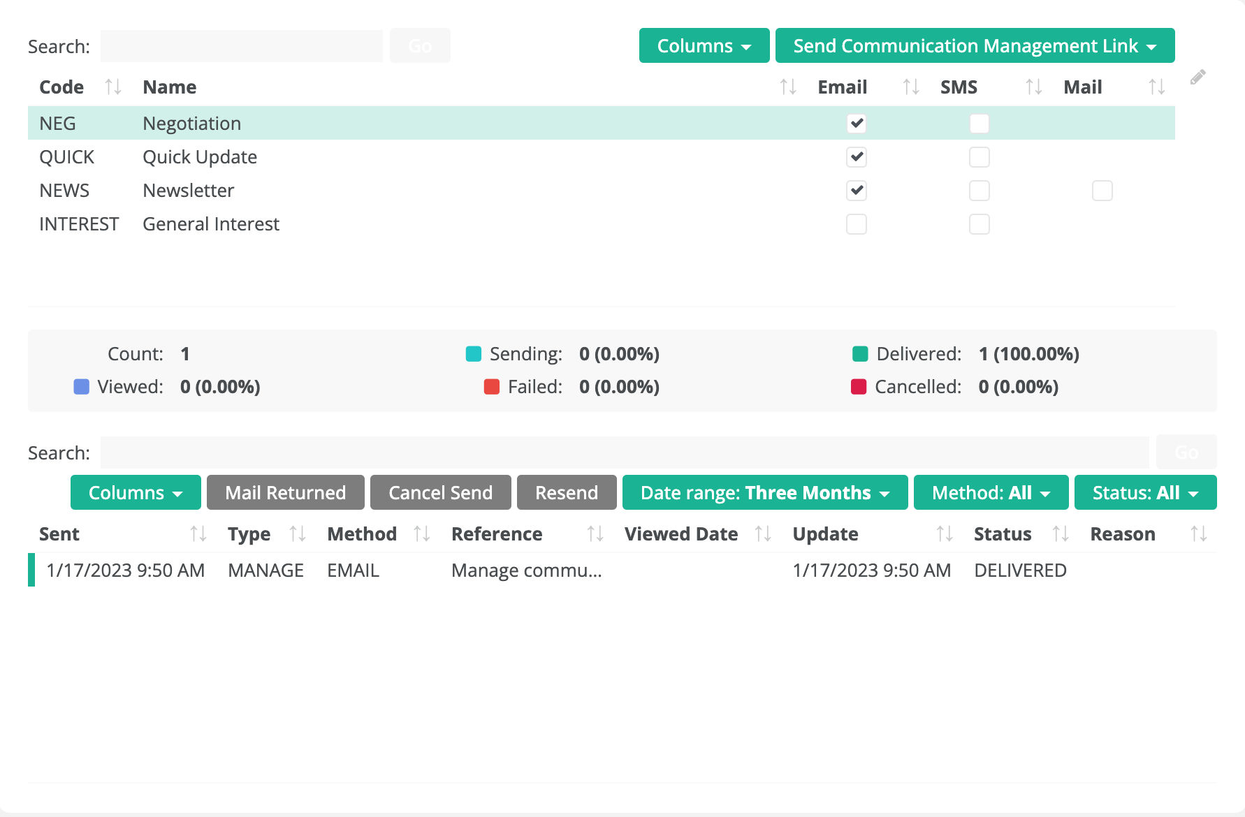 Bulk communication preferences and a list of sent communications
