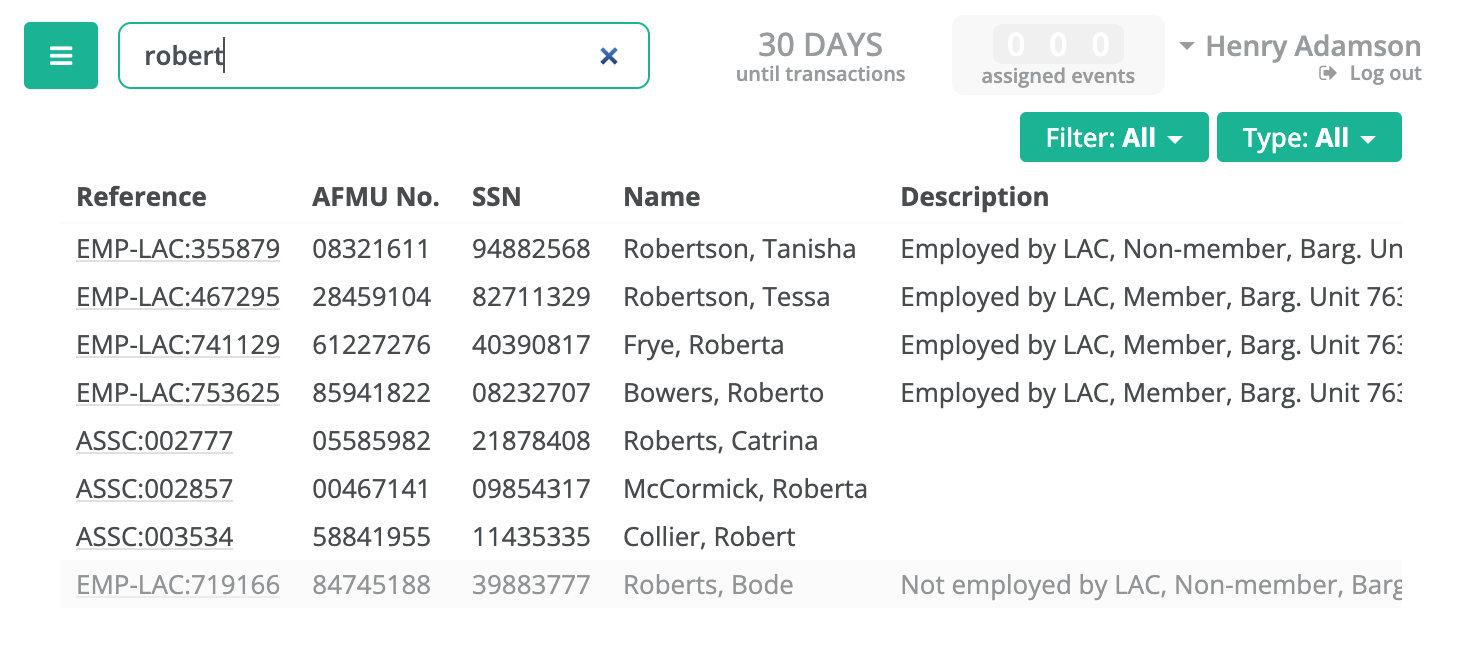 rapid searching for members by name, employee number, etc.