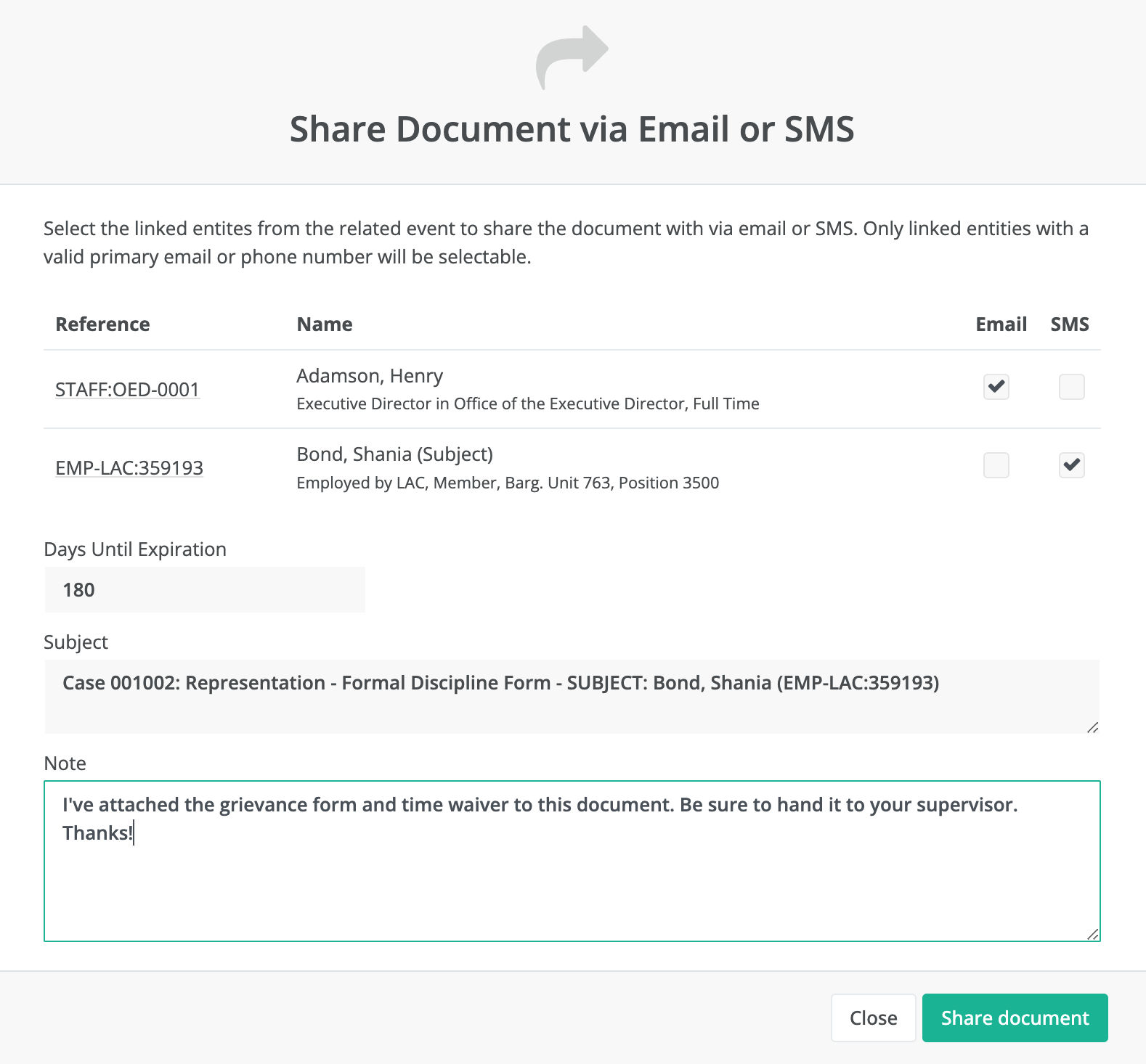 Securely share documents with the member, representatives or the employer