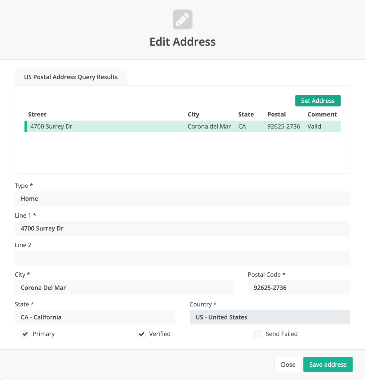 a dialog allowing the validation of mailing addresses